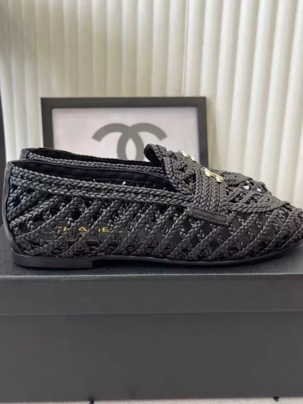 Chanel Black Woven Mesh CC Logo Flat Loafers